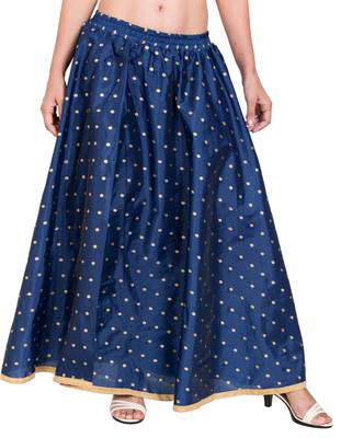 PAVONINE Navy Blue Color Golden Zari Work Satan Fabric Maxi Skirt For Women 1