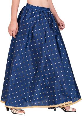 PAVONINE Navy Blue Color Golden Zari Work Satan Fabric Maxi Skirt For Women 3