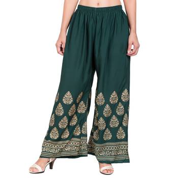 PAVONINE Bottle Green Color Golden Printed Rayon Fabric Sharara For Women & Girls 1