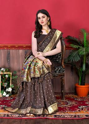 Design Brown Pure Lichi Silk Woven Wedding Festival Heavy Border Saree 1