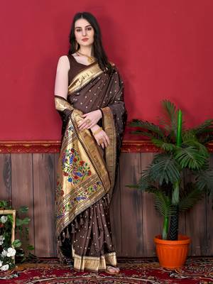 Design Brown Pure Lichi Silk Woven Wedding Festival Heavy Border Saree 2