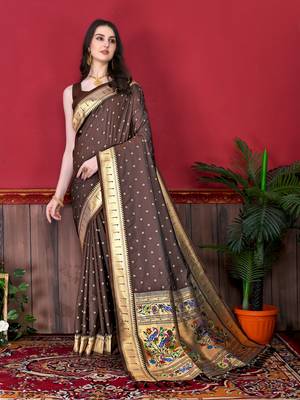 Design Brown Pure Lichi Silk Woven Wedding Festival Heavy Border Saree 3