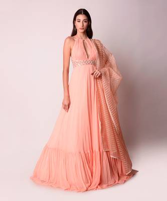 Peach Georgette & Organza Kalidar Set 1