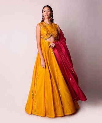 Mustard & Fusia Chanderi Kalidar Set 4