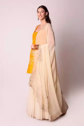 Mustard Chanderi & Georgette Kurta Set