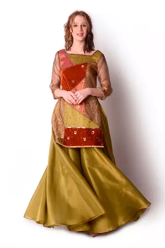 Rust & Olive Tissue Kurta Set