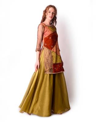 Rust & Olive Tissue Kurta Set 3