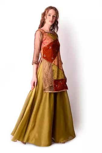 Rust & Olive Tissue Kurta Set