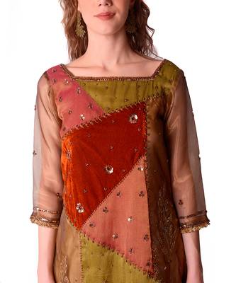 Rust & Olive Tissue Kurta Set 5