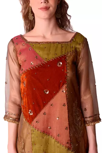 Rust & Olive Tissue Kurta Set
