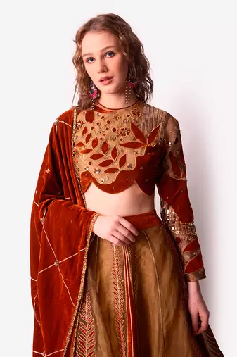 Rust & Gold Tissue Lehenga Set