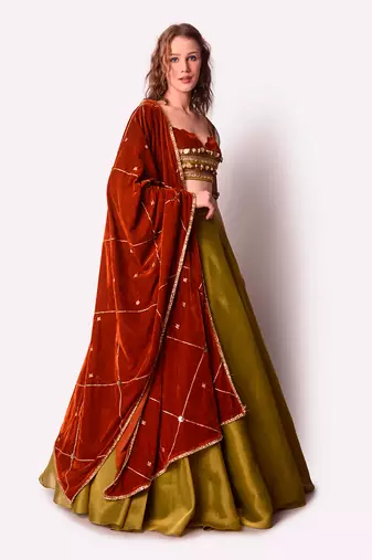 Rust & Olive Tissue Lehenga Set