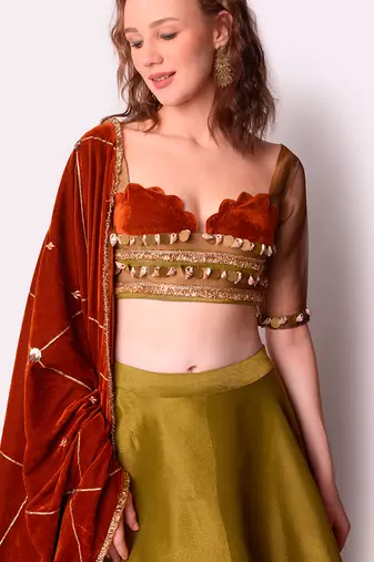 Rust & Olive Tissue Lehenga Set