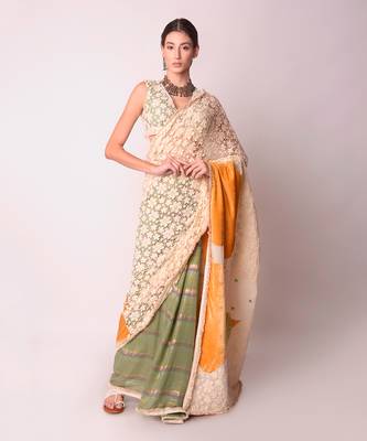 Ivory & Mustard Organic Cotton Saree Set 1