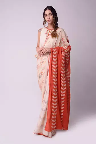 Ivory & Rust Organic Cotton Saree Set