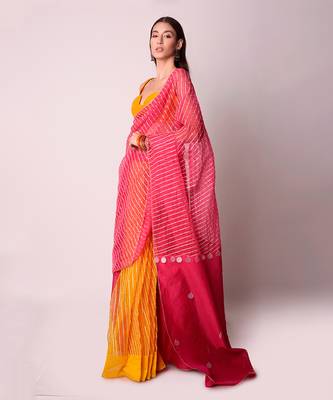 Fusia & Mustard Organza Saree Set 2