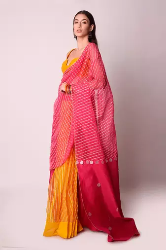 Fusia & Mustard Organza Saree Set