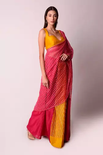 Fusia & Mustard Organza Saree Set