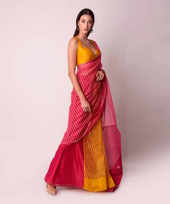 Fusia & Mustard Organza Saree Set 4