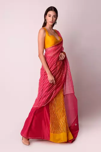 Fusia & Mustard Organza Saree Set