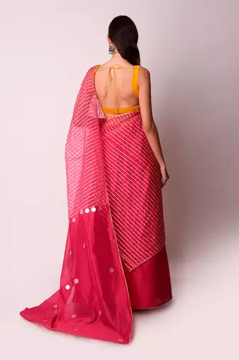Fusia & Mustard Organza Saree Set