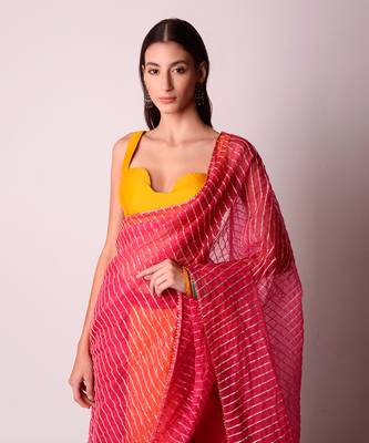 Fusia & Mustard Organza Saree Set 6