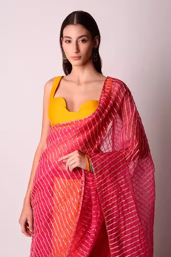 Fusia & Mustard Organza Saree Set