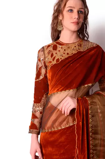 Rust & Gold Tissue Saree Set