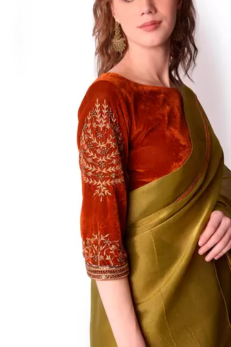 Rust & Olive Tissue Saree Set