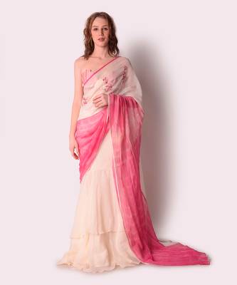 Rose Pink & Ivory Organza Saree Set 1