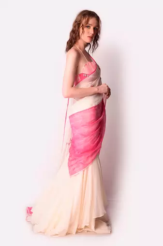 Rose Pink & Ivory Organza Saree Set