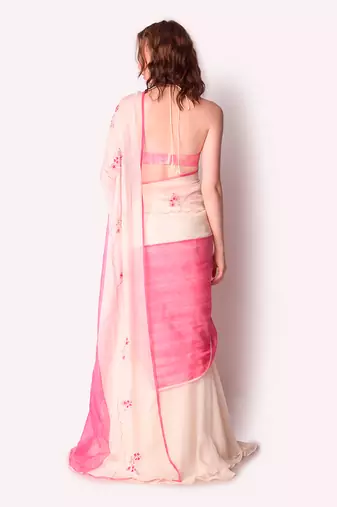 Rose Pink & Ivory Organza Saree Set