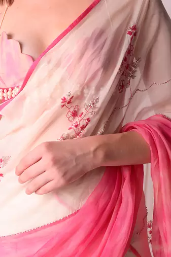 Rose Pink & Ivory Organza Saree Set