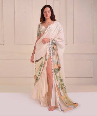 Ivory Print Organic Cotton Saree Set 1