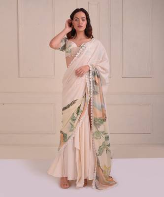 Ivory Print Organic Cotton Saree Set 2