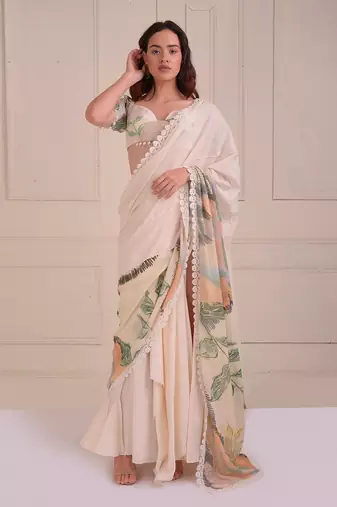 Ivory Print Organic Cotton Saree Set