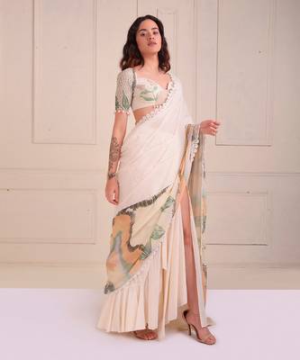Ivory Print Organic Cotton Saree Set 3