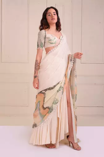 Ivory Print Organic Cotton Saree Set