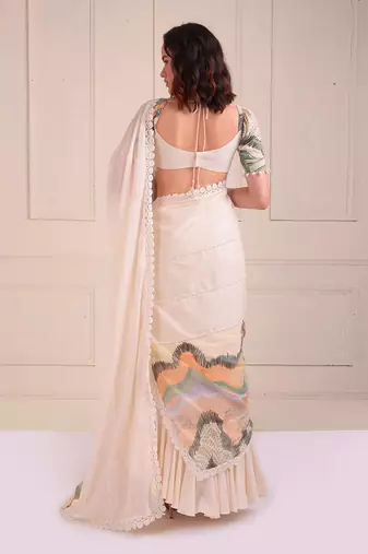 Ivory Print Organic Cotton Saree Set
