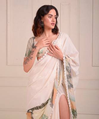 Ivory Print Organic Cotton Saree Set 6