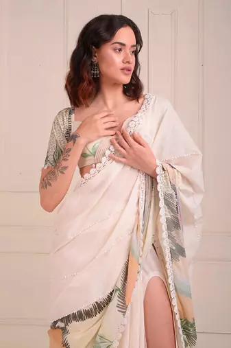 Ivory Print Organic Cotton Saree Set