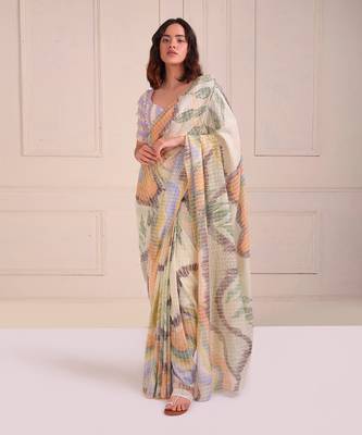 Ivory Print Organic Cotton Saree Set 1