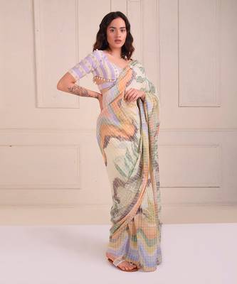 Ivory Print Organic Cotton Saree Set 2