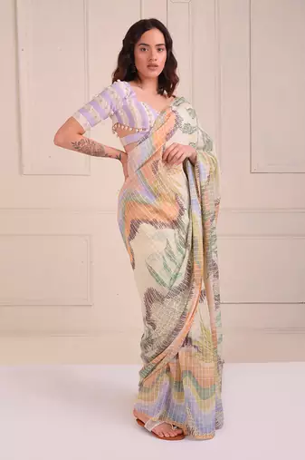 Ivory Print Organic Cotton Saree Set
