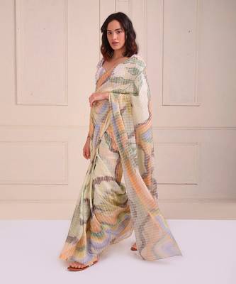 Ivory Print Organic Cotton Saree Set 3