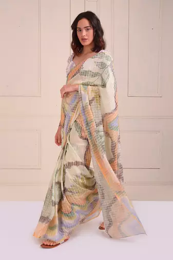 Ivory Print Organic Cotton Saree Set