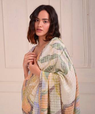 Ivory Print Organic Cotton Saree Set 4