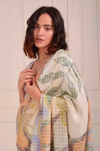 Ivory Print Organic Cotton Saree Set