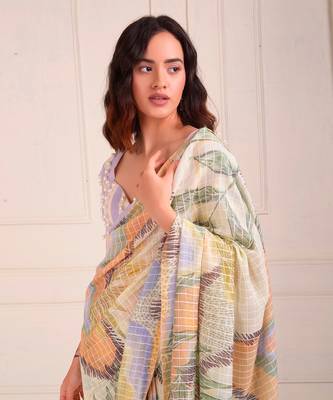 Ivory Print Organic Cotton Saree Set 5