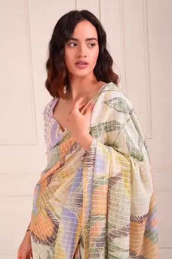 Ivory Print Organic Cotton Saree Set